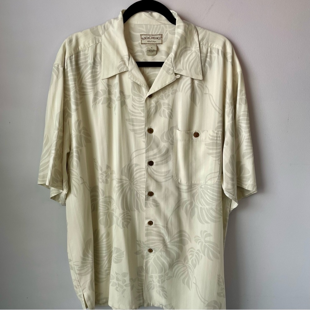 Boca Classics Island Wear Men’s 100% Silk Hawaiian Button Down Shirt Cream Sz XL